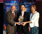 24 May 2008; Emmet Donnelly, DCU Saints is presented with the Senior Men's International Award by Tony Colgan, President of Basketball Ireland and Sheila Gillick at the Basketball Ireland annual awards. The Tower Hotel, Whitestown Way, Tallaght, Dublin. Picture credit: Damien Eagers / SPORTSFILE