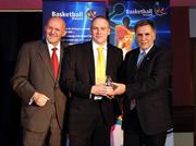 24 May 2008; Tom Quinn representing Cathy Molloy is presented with the Referee of the Year Award by Tony Colgan, President of Basketball Ireland, and Richard Dunne at the Basketball Ireland annual awards. The Tower Hotel, Whitestown Way, Tallaght, Dublin. Picture credit: Damien Eagers / SPORTSFILE