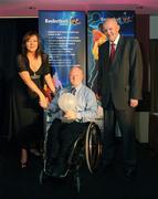 24 May 2008; Michael Cunningham is presented with the Wheelchair Player of the Year Award by Tony Colgan, President of Basketball Ireland, and Debbie Massey, CEO, Basketball Ireland at the Basketball Ireland annual awards. The Tower Hotel, Whitestown Way, Tallaght, Dublin. Picture credit: Damien Eagers / SPORTSFILE