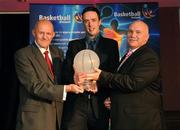 24 May 2008; Alan Kelly, Tolka Rovers, is presented with the Male Senior Player of the Year Award by Tony Colgan, President of Basketball Ireland, and Sean O'Reilly at the Basketball Ireland annual awards. The Tower Hotel, Whitestown Way, Tallaght, Dublin. Picture credit: Damien Eagers / SPORTSFILE