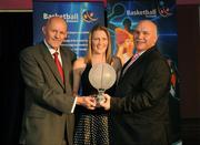 24 May 2008; Rachel Vanderwal, Donoughmore, is presented with the Female Senior Player of the Year Award by Tony Colgan, President of Basketball Ireland, and Sean O'Reilly at the Basketball Ireland annual awards. The Tower Hotel, Whitestown Way, Tallaght, Dublin. Picture credit: Damien Eagers / SPORTSFILE