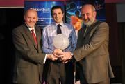24 May 2008; Paddy Kelly, Dart Killester, is presented with the Male Superleague Player of the Year Award by Tony Colgan, President of Basketball Ireland, and Paul Meany at the Basketball Ireland annual awards. The Tower Hotel, Whitestown Way, Tallaght, Dublin. Picture credit: Damien Eagers / SPORTSFILE