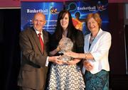 24 May 2008; Michelle Fahy accepting on behalf of Edel Fahy, team Montenotte Hotel, Cork, is presented with the Senior Women's International Award by Tony Colgan, President of Basketball Ireland, and Sheila Gillick at the Basketball Ireland annual awards. The Tower Hotel, Whitestown Way, Tallaght, Dublin. Picture credit: Damien Eagers / SPORTSFILE