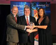 24 May 2008; John Coughlan, Evening Echo, is presented with the Media Award by Tony Colgan, President of Basketball Ireland, and Debbie Massey, CEO Basketball Ireland, at the Basketball Ireland annual awards. The Tower Hotel, Whitestown Way, Tallaght, Dublin. Picture credit: Damien Eagers / SPORTSFILE
