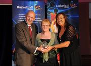24 May 2008; Mary Flanagan, Rathcoole Rockets, is presented with the Volunteer Award by Tony Colgan, President of Basketball Ireland and Debbie Massey, CEO Basketball Ireland at the Basketball Ireland annual awards. The Tower Hotel, Whitestown Way, Tallaght, Dublin. Picture credit: Damien Eagers / SPORTSFILE
