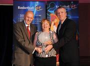 24 May 2008; Marie O'Toole, is presented with the Tom Collins Award by Tony Colgan, President of Basketball Ireland and Eddie Gilmartin at the Basketball Ireland annual awards. The Tower Hotel, Whitestown Way, Tallaght, Dublin. Picture credit: Damien Eagers / SPORTSFILE