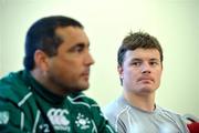26 May 2008; Brian O'Driscoll looks on while interim coach Michael Bradley, left, speaks at a press conference ahead of Ireland's game against the Barbarians. Ireland rugby squad press conference, Kingsholm, Gloucester, England. Picture credit: Pat Murphy / SPORTSFILE *** Local Caption ***