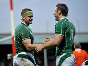 27 May 2008; Jamie Heaslip, Ireland, celebrates his side's fourth try with team-mate Tommy  Bowe, right. Representative game, Ireland v Barbarians, Kingsholm, Gloucester, England. Picture credit: Pat Murphy / SPORTSFILE *** Local Caption ***