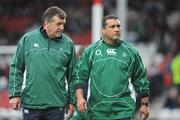 27 May 2008; Ireland interim coach Michael Bradley in conversation with assistant coach Niall O'Donovan, left, before the game. Representative game, Ireland v Barbarians, Kingsholm, Gloucester, England. Picture credit: Pat Murphy / SPORTSFILE *** Local Caption ***