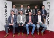 28 April 2015; Players, back row, from left to right, David Byrne, UCD/ Dublin, David Culhane, UCC/Kerry, Conor Moynagh, DCU/  Cavan, Tom Clancy, UCC/Cork and Niall Kelly, UCD/Killdare. Front row, from left to right, Mickey Quinn, DCU/Longford, Luke Connolly, UCC/Cork, Conor Cox, UCC/Kerry and Enda Smith, DCU/Roscommon, after being presented with their Independent.ie HE GAA Rising Stars Football Awards. Croke Park, Dublin. Picture credit: David Maher / SPORTSFILE