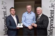 28 April 2015; Uachtarán Chumann Lúthchleas Gael Aogán Ó Feargháil and Ger Keville, online Sports Editor of Independent.ie, present Brian Lohan, manager of UL, with the Independent.ie HE GAA Rising Stars Hurling Award on behalf of David McInerney, UL/Clare, at the Independent.ie HE GAA Rising Stars Awards. Croke Park, Dublin. Picture credit: David Maher / SPORTSFILE