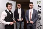 28 April 2015; Players from DCU, from left to right, Conor Moynagh, Enda Smith and Mickey Quinn after being presented with their Independent.ie HE GAA Rising Stars Football Awards, at the Independent.ie HE GAA Rising Stars Awards. Croke Park, Dublin. Picture credit: David Maher / SPORTSFILE