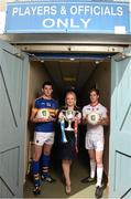 29 April 2015; Rosemary Steen, Director of Public Affairs at EirGrid, with Tipperary's Colin O'Riordan and Tyrone's Kieran McGeary in Parnell Park, Dublin, ahead of the EirGrid GAA Football U21 All-Ireland Final on Saturday, 2nd May. Parnell Park, Dublin. Picture credit: Stephen McCarthy / SPORTSFILE