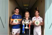 29 April 2015; Rosemary Steen, Director of Public Affairs at EirGrid, with Tipperary's Colin O'Riordan and Tyrone's Kieran McGeary in Parnell Park, Dublin, ahead of the EirGrid GAA Football U21 All-Ireland Final on Saturday, 2nd May. Parnell Park, Dublin. Picture credit: Stephen McCarthy / SPORTSFILE
