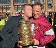 29 April 2015; Trainer Gordon Elliott and jockey Paul Carberry celebrate with the Bibby Financial Services Ireland Punchestown Gold Cup after victory on Don Cossack. Punchestown Racecourse, Punchestown, Co. Kildare. Picture credit: Matt Browne / SPORTSFILE