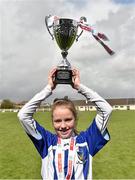 29 April 2015; Vivienne Ward, captain of Breaffy NS, Castlebar, Co. Mayo, lifts the cup after winning the girls section B Final. SPAR FAI Primary School 5's Connacht Finals. Milebush Park, Castlebar, Mayo. Picture credit: Diarmuid Greene / SPORTSFILE