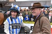 29 April 2015; Jockey Paul Townend with trainer Willie Mullins, right, after winning the Irish Daily Mirror Novice Hurdle on Killultagh Vic. Punchestown Racecourse, Punchestown, Co. Kildare. Picture credit: Cody Glenn / SPORTSFILE