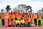 30 April 2015; At the launch of the Forest Feast Little Athletics is Irish International Long Jump Athlete Adam McMullen and Irish Long Jump Record Holder Kelly Proper with the Greystones Little Athletics Club. Charlesland Athletics Track, Greystones, Co. Wicklow. Picture credit: Ramsey Cardy / SPORTSFILE