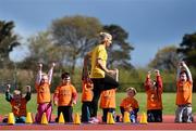 30 April 2015; At the launch of the Forest Feast Little Athletics is Irish Long Jump Record Holder Kelly Proper with the Greystones Little Athletics Club. Charlesland Athletics Track, Greystones, Co. Wicklow. Picture credit: Ramsey Cardy / SPORTSFILE