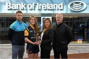 29 April 2015; DCU GAA star Sarah Rowe, Mayo, is recognised on her recent O'Connor Cup All-Star award by Bank of Ireland's DCU Branch manager Eithne Connolly, DCU School Liaison Officer Jonny Cooper, left, and DCU GAA Academy Director Michael Kennedy. DCU, Glasnevin, Dublin. Picture credit: Stephen McCarthy / SPORTSFILE