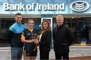 29 April 2015; DCU GAA star Ailbhe Clancy, Leitrim, is recognised on her recent O'Connor Cup All-Star award by Bank of Ireland's DCU Branch manager Eithne Connolly, DCU School Liaison Officer Jonny Cooper, left, and DCU GAA Academy Director Michael Kennedy. DCU, Glasnevin, Dublin. Picture credit: Stephen McCarthy / SPORTSFILE