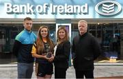 29 April 2015; DCU GAA star Laura McEnaney, Monaghan, is recognised on her recent O'Connor Cup All-Star award by Bank of Ireland's DCU Branch manager Eithne Connolly, DCU School Liaison Officer Jonny Cooper, left, and DCU GAA Academy Director Michael Kennedy. DCU, Glasnevin, Dublin. Picture credit: Stephen McCarthy / SPORTSFILE