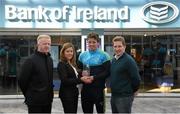 29 April 2015; DCU GAA star Conor Moyna, Monaghan, is recognised on his recent Sigerson Cup All-Star award by Bank of Ireland's DCU Branch manager Eithne Connolly, DCU Sigerson Cup team manager Professor Niall Moyna, Monaghan, right, and DCU GAA Academy Director Michael Kennedy, Tyrone. DCU, Glasnevin, Dublin. Picture credit: Stephen McCarthy / SPORTSFILE