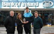 29 April 2015; DCU GAA star Steven O'Brien, Tipperary, is recognised on his recent Sigerson Cup All-Star award by Bank of Ireland's DCU Branch manager Eithne Connolly, DCU Sigerson Cup team manager Professor Niall Moyna, Monaghan, right, and DCU GAA Academy Director Michael Kennedy, Tyrone. DCU, Glasnevin, Dublin. Picture credit: Stephen McCarthy / SPORTSFILE