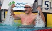 30 April 2015; Frans Johannessen, Denmark, celebrates winning the final of the men's 200m freestyle event during the 2015 Irish Open Swimming Championships at the National Aquatic Centre, Abbotstown, Dublin. Picture credit: Stephen McCarthy / SPORTSFILE