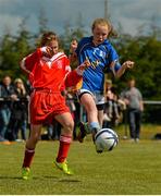 30 April 2015; Aisling McGrath, right, Kilkenny School Project, in action against Saidhbh Ní MhorÃ¡in, Gaelscoil Cholmcille, Coolock, Dublin, during their Girls Section A match. SPAR FAI Primary School 5s Leinster Final, MDL Grounds, Trim Road, Navan, Co. Meath. Picture credit: Brendan Moran / SPORTSFILE