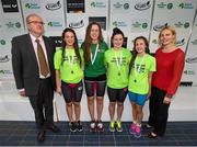30 April 2015; Sunday's Well swimmers, from left, Iseult Hayes, Ally Cunningham, Emma Cassidy, Sharon Cemchiy who were presented with their women's 400m freestyle relay national championships bronze medals by Swim Ireland CEO Sarah Keane and Paul McDermott, Irish Sports Council, Director of High Performance, NGB's & Communications, during the 2015 Irish Open Swimming Championships at the National Aquatic Centre, Abbotstown, Dublin. Picture credit: Stephen McCarthy / SPORTSFILE