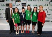 30 April 2015; Ards swimmers, from left, Emma Reid, Rebecca Reid, Bethany Firth and Mary Kate McDowell who were presented with their women's 400m freestyle relay national championships gold medals by Swim Ireland CEO Sarah Keane and Paul McDermott, Irish Sports Council, Director of High Performance, NGB's & Communications, during the 2015 Irish Open Swimming Championships at the National Aquatic Centre, Abbotstown, Dublin. Picture credit: Stephen McCarthy / SPORTSFILE