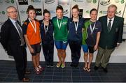 30 April 2015; Medal recipients from the women's 800m freestyle final, in the company of John Treacy, CEO of the Irish Sports Council, left, and Gerry O'Neill, President of Ireland Water Polo, right, from left, Antoinette Meamt, Tallaght, Lindsay Stone, NCSA, Grainne Murphy, New Ross, Kendall Brent, NCSA, and Katie Garrity, Trojan, during the 2015 Irish Open Swimming Championships at the National Aquatic Centre, Abbotstown, Dublin. Picture credit: Stephen McCarthy / SPORTSFILE