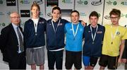 30 April 2015; Medal recipients from the men's 1500m freestyle final, in the company of John Treacy, CEO of the Irish Sports Council, from left, Gavin Springer, NCSA, Matthew Hirschberger, NCSA, Brendan Gibbons, Athlone, Josh McDonald, NCSA, and Jack McMillan, Bangor, during the 2015 Irish Open Swimming Championships at the National Aquatic Centre, Abbotstown, Dublin. Picture credit: Stephen McCarthy / SPORTSFILE