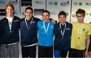 30 April 2015; Medal recipients from the men's 1500m freestyle final, from left, Gavin Springer, NCSA, Matthew Hirschberger, NCSA, Brendan Gibbons, Athlone, Josh McDonald, NCSA, and Jack McMillan, Bangor, during the 2015 Irish Open Swimming Championships at the National Aquatic Centre, Abbotstown, Dublin. Picture credit: Stephen McCarthy / SPORTSFILE