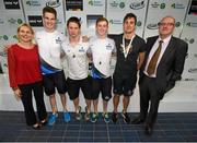 30 April 2015; NAC swimmers, from left, Conor Sheahan, Matt Coward, Cillian Colvin and Brian O'Sullivan who were presented with their Men's 400m freestyle relay national championships bronze medals by Swim Ireland CEO Sarah Keane and Paul McDermott, Irish Sports Council, Director of High Performance, NGB's & Communications, during the 2015 Irish Open Swimming Championships at the National Aquatic Centre, Abbotstown, Dublin. Picture credit: Stephen McCarthy / SPORTSFILE