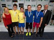 30 April 2015; Bangor swimmers, from left, Jack McMillan, Scott Dennis, David Thompson and Jordan Sloan who were presented with their Men's 400m freestyle relay national champions medals by Swim Ireland CEO Sarah Keane and Paul McDermott, Irish Sports Council, Director of High Performance, NGB's & Communications, during the 2015 Irish Open Swimming Championships at the National Aquatic Centre, Abbotstown, Dublin. Picture credit: Stephen McCarthy / SPORTSFILE