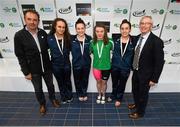 30 April 2015; Medal recipients from the women's 200m butterfly final, in the company of Stephen Martin, Chief Executive Olympic Council of Ireland, left, and John Treacy, CEO of the Irish Sports Council, from left, Lauren Case, NCSA, Ruby Martin, NCSA, Emma Reid, Ards, and Carly Cummings, NCSA, during the 2015 Irish Open Swimming Championships at the National Aquatic Centre, Abbotstown, Dublin. Picture credit: Stephen McCarthy / SPORTSFILE