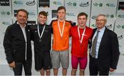 30 April 2015; Medal recipients from the men's 200m butterfly final, in the company of Stephen Martin, Chief Executive Olympic Council of Ireland, left, and John Treacy, CEO of the Irish Sports Council, right, from left, Ben Griffin, Aer Lingus, Brendan Hyland, Tallaght, and Joseph Mooney, Limerick, during the 2015 Irish Open Swimming Championships at the National Aquatic Centre, Abbotstown, Dublin. Picture credit: Stephen McCarthy / SPORTSFILE