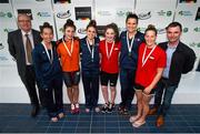 30 April 2015; Medal recipients from the women's 200m freestyle final, in the company of Paul McDermott,  Irish Sports Council, Director of High Performance, NGB's & Communications, left, and Gary Keegan, Director, Irish Institute of Sport, from left, Megan Moroney, NCSA, Antoinette Neamt, Tallaght, Katherine Drabot, NCSA, Rachel Bethel, Lisburn, Alexandra Wooden, NCSA, and Bethany Carson, Lisburn, during the 2015 Irish Open Swimming Championships at the National Aquatic Centre, Abbotstown, Dublin. Picture credit: Stephen McCarthy / SPORTSFILE