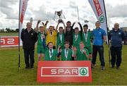 30 April 2015; Boyerstown NS, Boyerstown, Co. Meath, are presented with the cup by Keith Crawford, centre, Leinster Retail Operation Arvisor, SPAR, after winning the Boys Section B title. SPAR FAI Primary School 5s Leinster Final, MDL Grounds, Trim Road, Navan, Co. Meath. Picture credit: Brendan Moran / SPORTSFILE