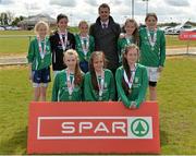 30 April 2015; The team from St Colmcille's NS, Gainstown, Co. Westmeath, runners up in the Girls Section B, with Keith Crawford, Leinster Retail Operation Advisor, SPAR. SPAR FAI Primary School 5s Leinster Final, MDL Grounds, Trim Road, Navan, Co. Meath. Picture credit: Brendan Moran / SPORTSFILE