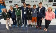 1 May 2015; Medal recipients from the men's 400m individual medely final, in the company of Anne McAdam, left, President of Swim Ireland, and Maev Nic Lochlainn, principal officer at the Department of Transport Tourism and Sport,  from left, Balogh Brennan, NCSA, Andrew Moore, Galway, Alex Lebed, NCSA, Ben Griffin, Aer Lingus, Andrew Meegan, Aer Lingus, and Justin Ress, NCSA, during the 2015 Irish Open Swimming Championships at the National Aquatic Centre, Abbotstown, Dublin. Photo by Sportsfile