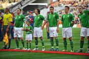 24 May 2008; Republic of Ireland captain Robbie Keane standing with, from left to right, Stephen Hunt, Stephen Kelly, Kevin Doyle and Richard Dunne before the game. Republic of Ireland v Serbia - friendly international, Croke Park, Dublin. Picture credit: David Maher / SPORTSFILE