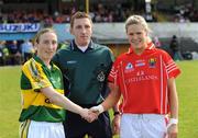 4 May 2008; Kerry captain Geraldine O'Shea, referee Declan Corcoran, Mayo, and Angela Walsh, Cork. Suzuki Ladies National Football League, Division 1 Final, Cork v Kerry, Cusack Park, Ennis, Co. Clare. Picture credit: Ray McManus / SPORTSFILE
