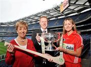 27 May 2008; Liz Howard, President of Cumann Camogaíochta na nGael, Gary Desmond, CEO of Gala, with Cork vice captain Sheila Burns and the O'Duffy cup at the launch of the Gala All Ireland Senior Camogie Championships. Croke Park, Dublin. Picture credit: Stephen McCarthy / SPORTSFILE