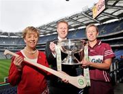 27 May 2008; Liz Howard, President of Cumann Camogaíochta na nGael, Gary Desmond, CEO of Gala, with Galway captain Sinead Cahalan and the O'Duffy cup at the launch of the Gala All Ireland Senior & Junior Camogie Championships. Croke Park, Dublin. Picture credit: Stephen McCarthy / SPORTSFILE
