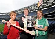 27 May 2008; Liz Howard, President of Cumann Camogaíochta na nGael, Gary Desmond, CEO of Gala, with Limerick captain Deirdre Fitzpatrick and the O'Duffy cup at the launch of the Gala All Ireland Senior Camogie Championship. Croke Park, Dublin. Picture credit: Stephen McCarthy / SPORTSFILE