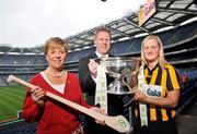 27 May 2008; Liz Howard, President of Cumann Camogaíochta na nGael, Gary Desmond, CEO of Gala, with Kilkenny captain Marie O'Connor and the O'Duffy Cup at the launch of the Gala All Ireland Senior Camogie Championship. Croke Park, Dublin. Picture credit: Stephen McCarthy / SPORTSFILE