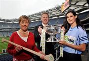 27 May 2008; Liz Howard, President of Cumann Camogaíochta na nGael, Gary Desmond, CEO of Gala, with Dublin captain Louise O'Hara and the O'Duffy Cup at the launch of the Gala All Ireland Senior Camogie Championship. Croke Park, Dublin. Picture credit: Stephen McCarthy / SPORTSFILE